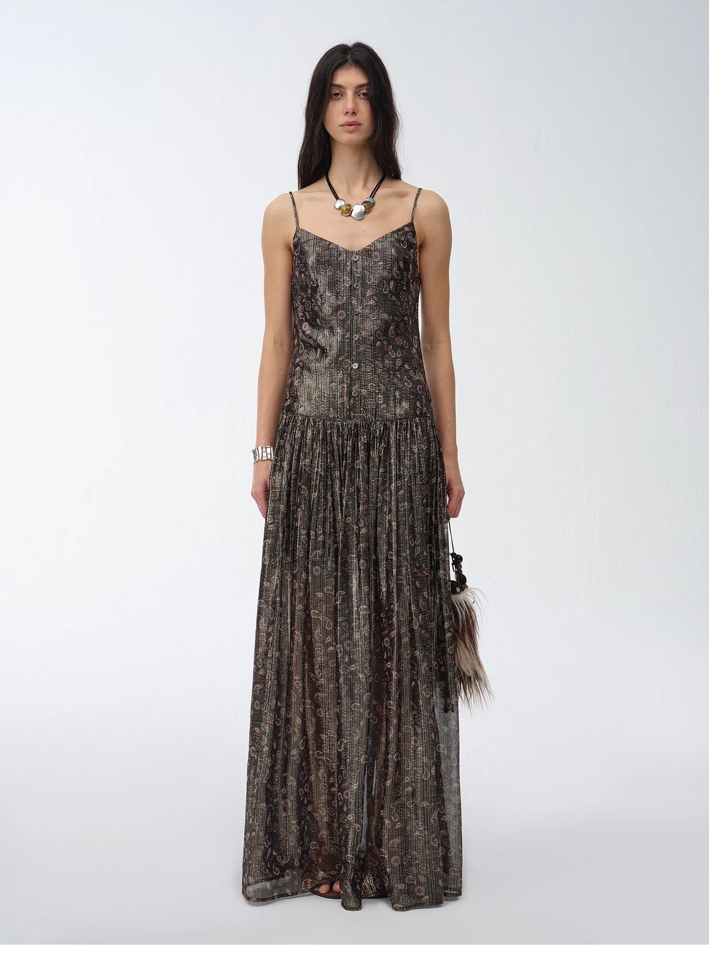 "Floating Lights" Retro Paisley Print Silk Holiday Sling Dress-1
