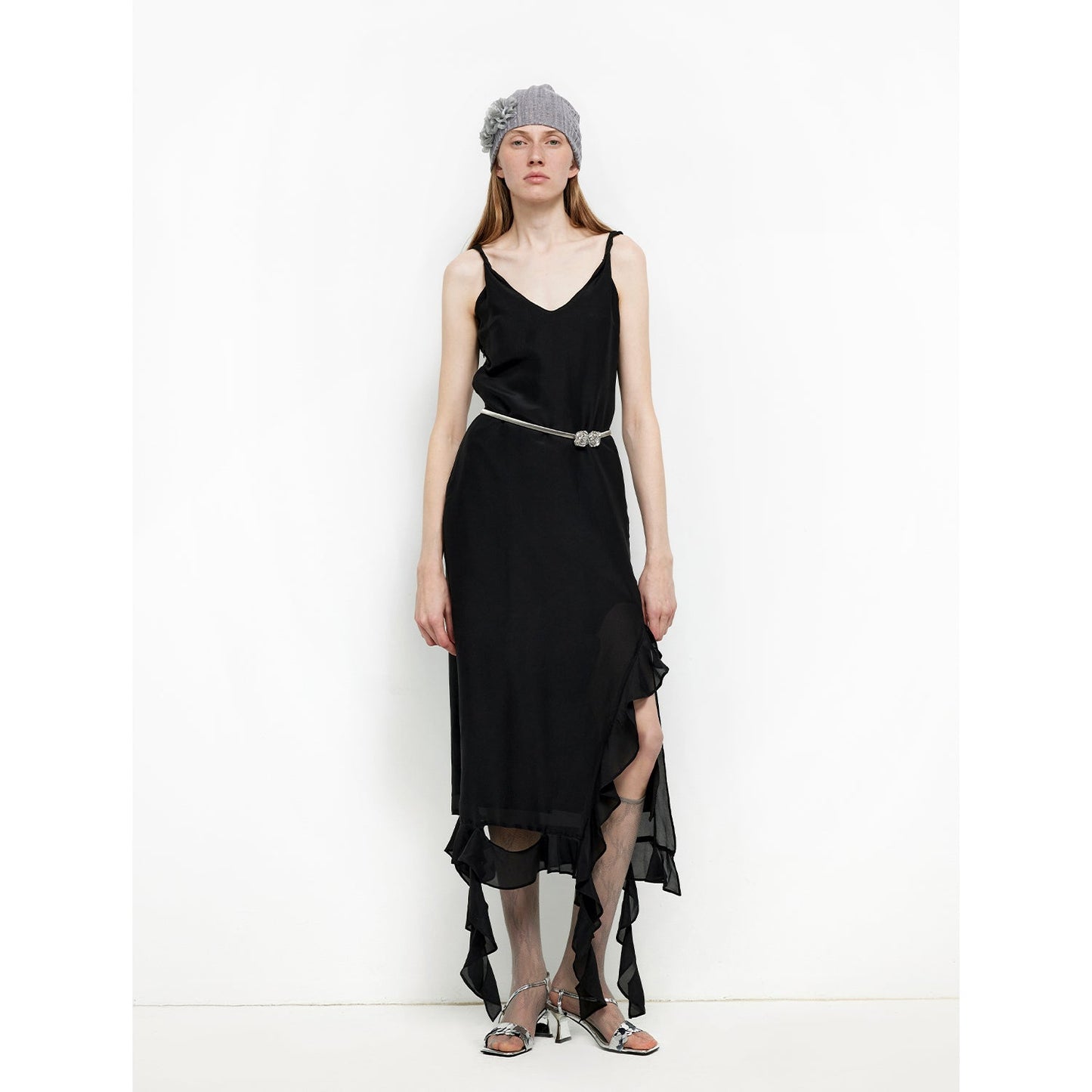 "Rosy Ombre" Acetate Mulberry Silk V-Neck Ruffled Draped Twist Strap Summer Dress-6