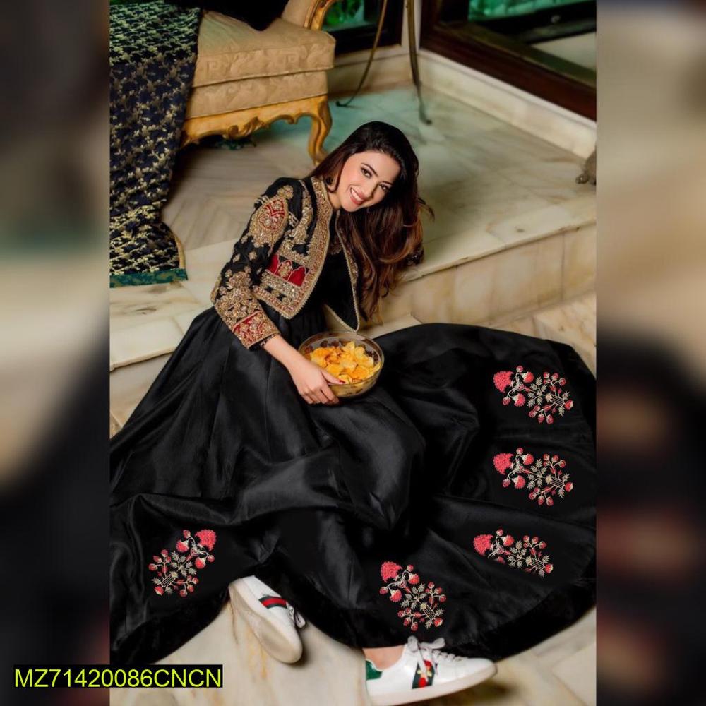 Elegant Embroidered Shamoz Silk Maxi Set for Women (2-Piece)