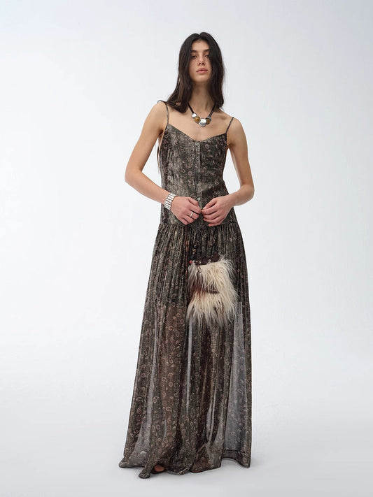 "Floating Lights" Retro Paisley Print Silk Holiday Sling Dress-0