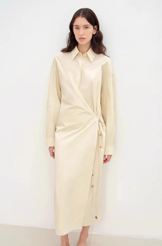 "Romantic Vibes" Cross-Placket Loose Long-Staple Cotton Shirt Dress-0