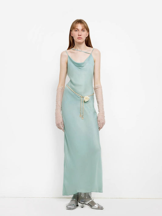 "Island Riddle" Glossy copper-ammonia silk satin light luxury swing collar slim fishtail suspender dress-0