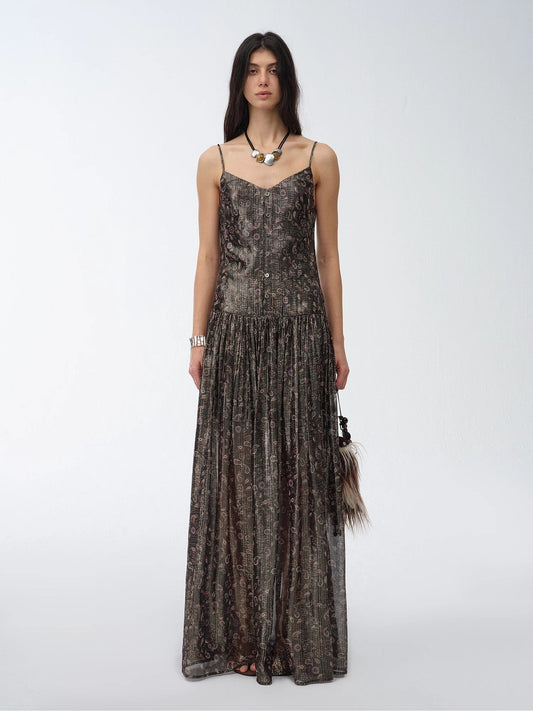 "Floating Lights" Retro Paisley Print Silk Holiday Sling Dress-1