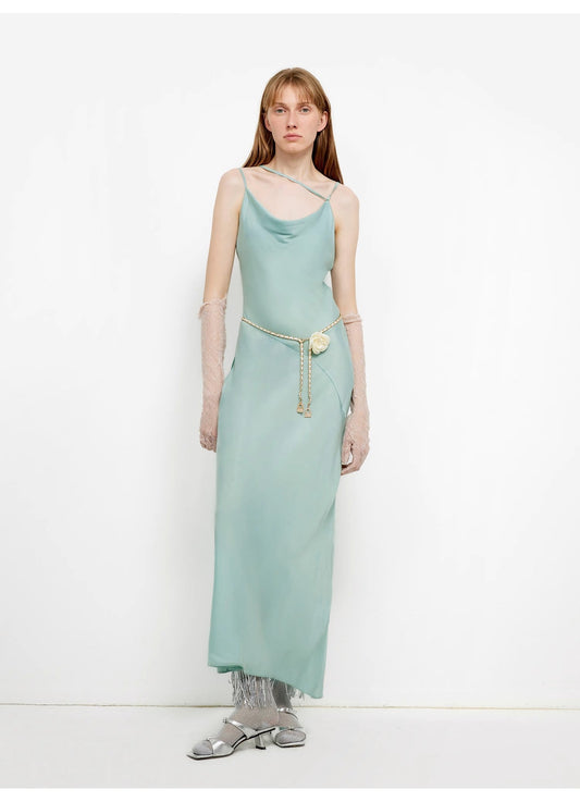 "Island Riddle" Glossy copper-ammonia silk satin light luxury swing collar slim fishtail suspender dress-1