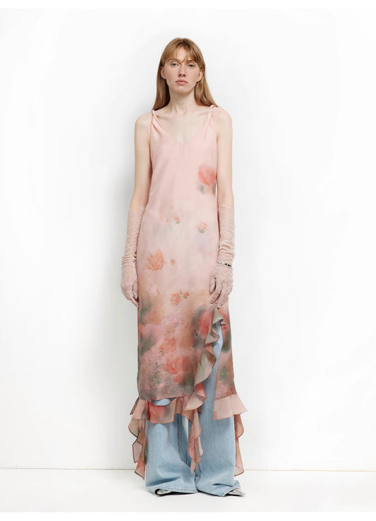 "Rosy Ombre" Acetate Mulberry Silk V-Neck Ruffled Draped Twist Strap Summer Dress-0
