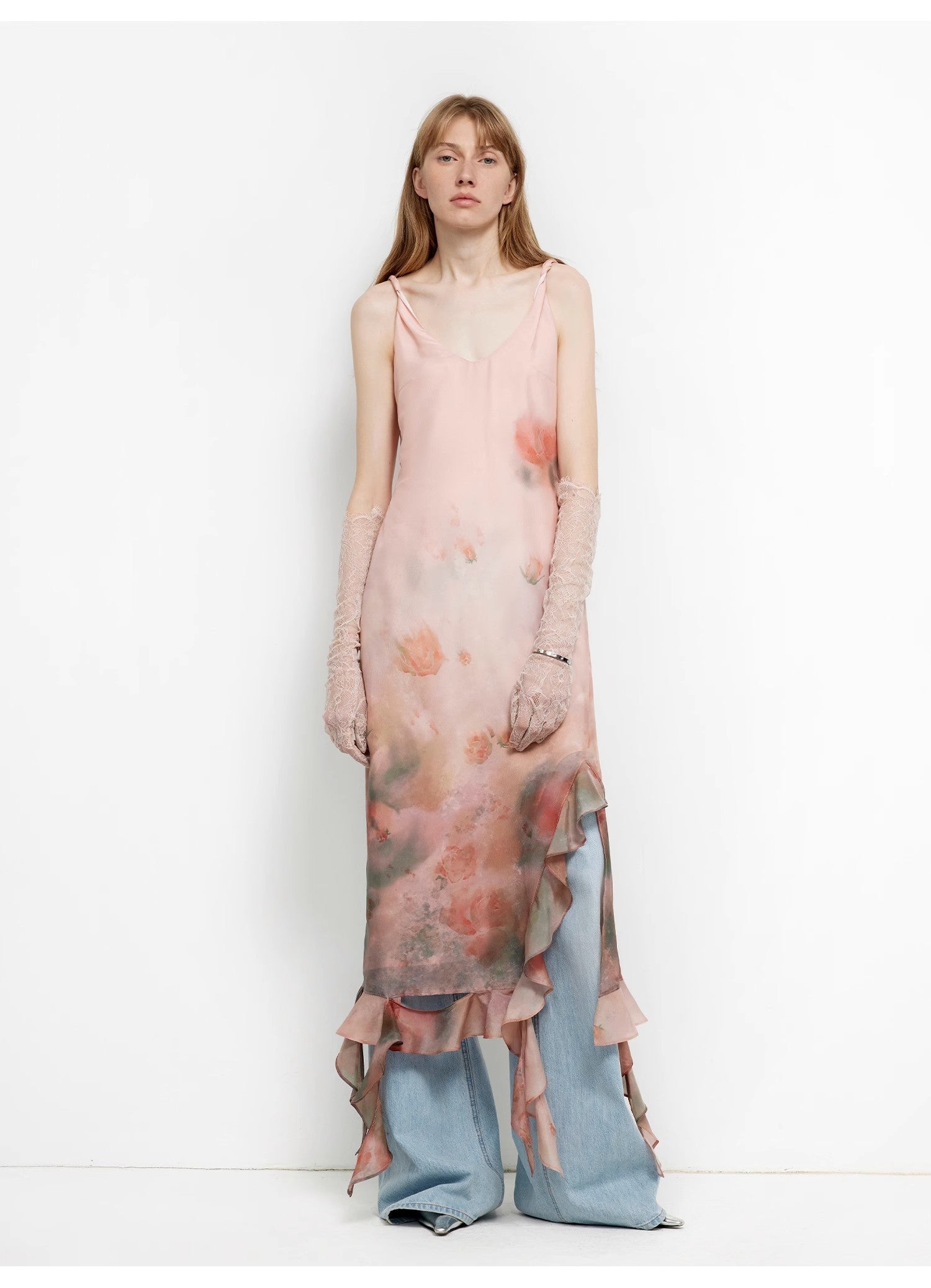 "Rosy Ombre" Acetate Mulberry Silk V-Neck Ruffled Draped Twist Strap Summer Dress-4