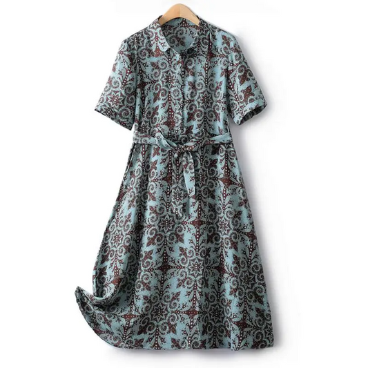 Summer Dress Woman Trendy Elegant Vintage Turn Down Collar Over Knee Single Breast Drop Large Swing Flower Female Dresses-1
