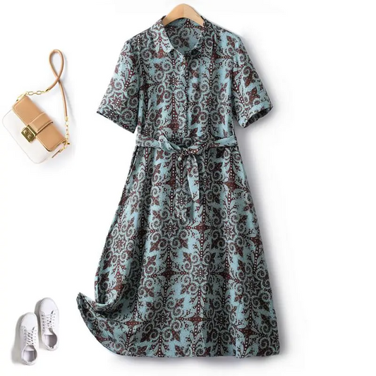 Summer Dress Woman Trendy Elegant Vintage Turn Down Collar Over Knee Single Breast Drop Large Swing Flower Female Dresses-0