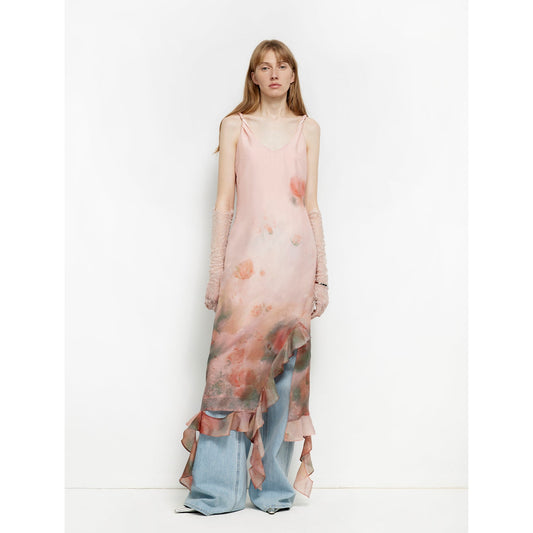 "Rosy Ombre" Acetate Mulberry Silk V-Neck Ruffled Draped Twist Strap Summer Dress-1