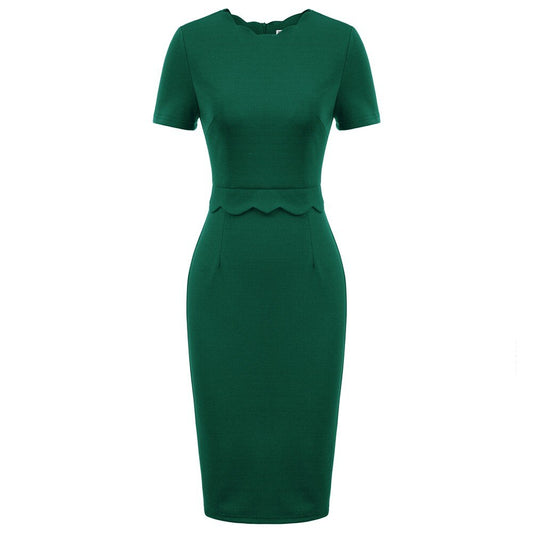 Women's Dress Solid Color Scalloped Neckline Hips-Wrapped Lady Fashion-0
